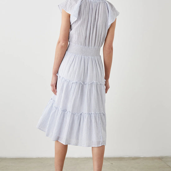 Pull on dress with short sleeves and a shirred waistband in a blue and white stripe