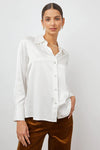 Classic long sleeved shirt cut in a heavy ivory satin viscose