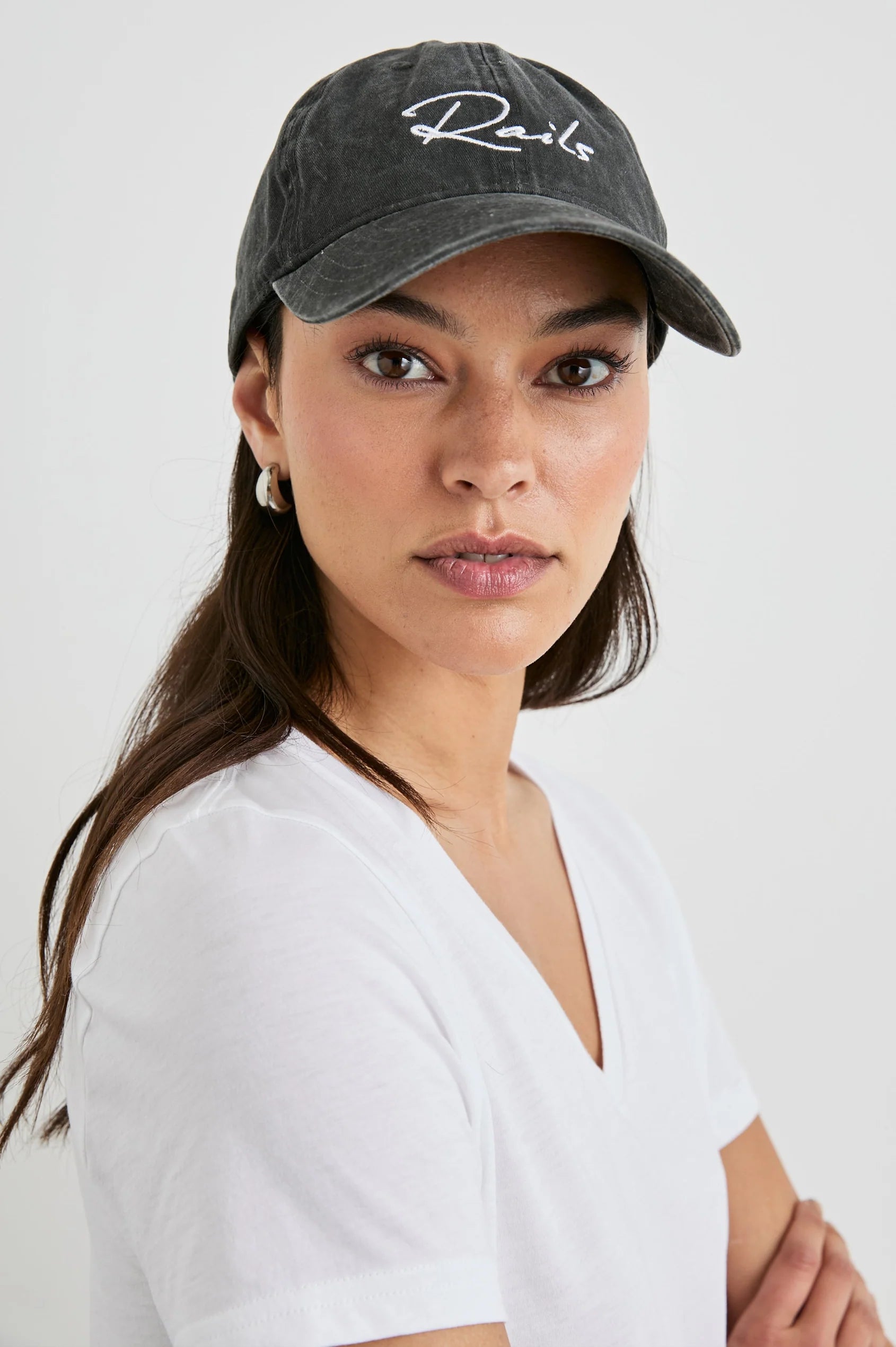 Model shot of black washed cotton cap