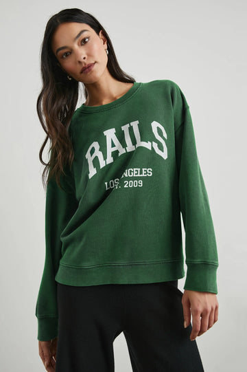 Green sweatshirt with white rails decal on the front