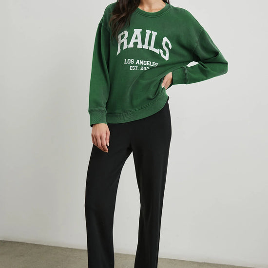 Green sweatshirt with white rails decal on the front