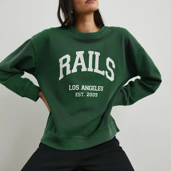 Green sweatshirt with white rails decal on the front