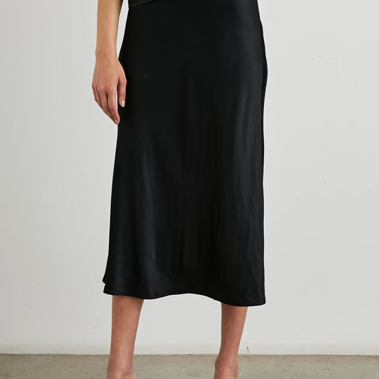 pull on bias cut satin skirt in black mid length