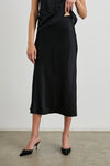 pull on bias cut satin skirt in black mid length