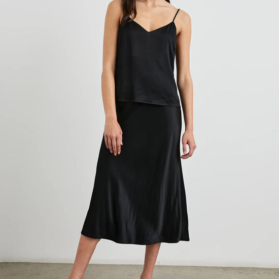 pull on bias cut satin skirt in black mid length