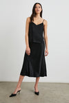 pull on bias cut satin skirt in black mid length