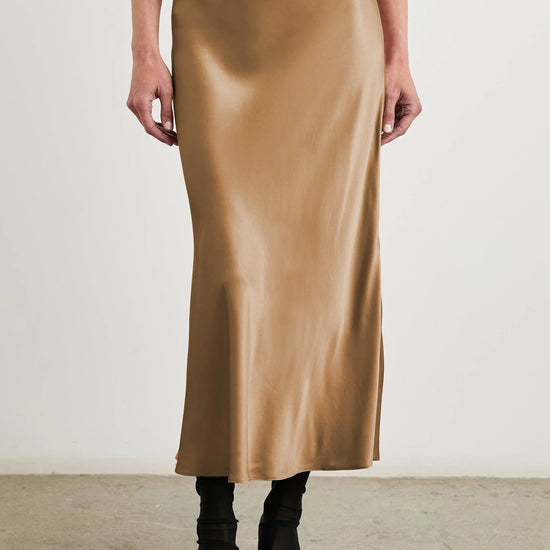 camel satin long slip skirt with elasticated waist