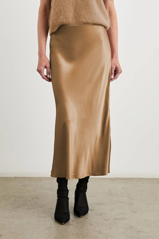 camel satin long slip skirt with elasticated waist