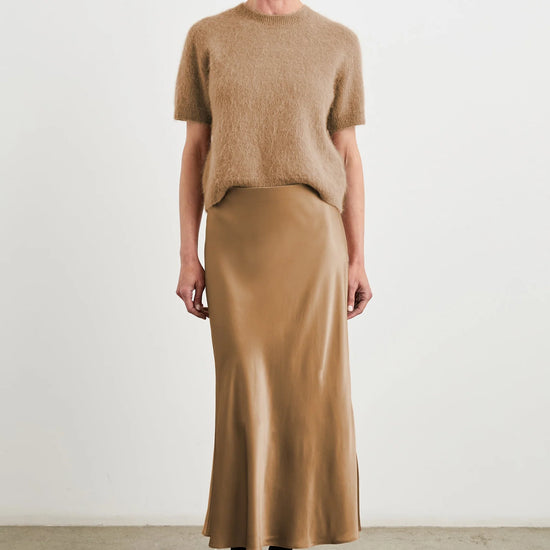 camel satin long slip skirt with elasticated waist model shot