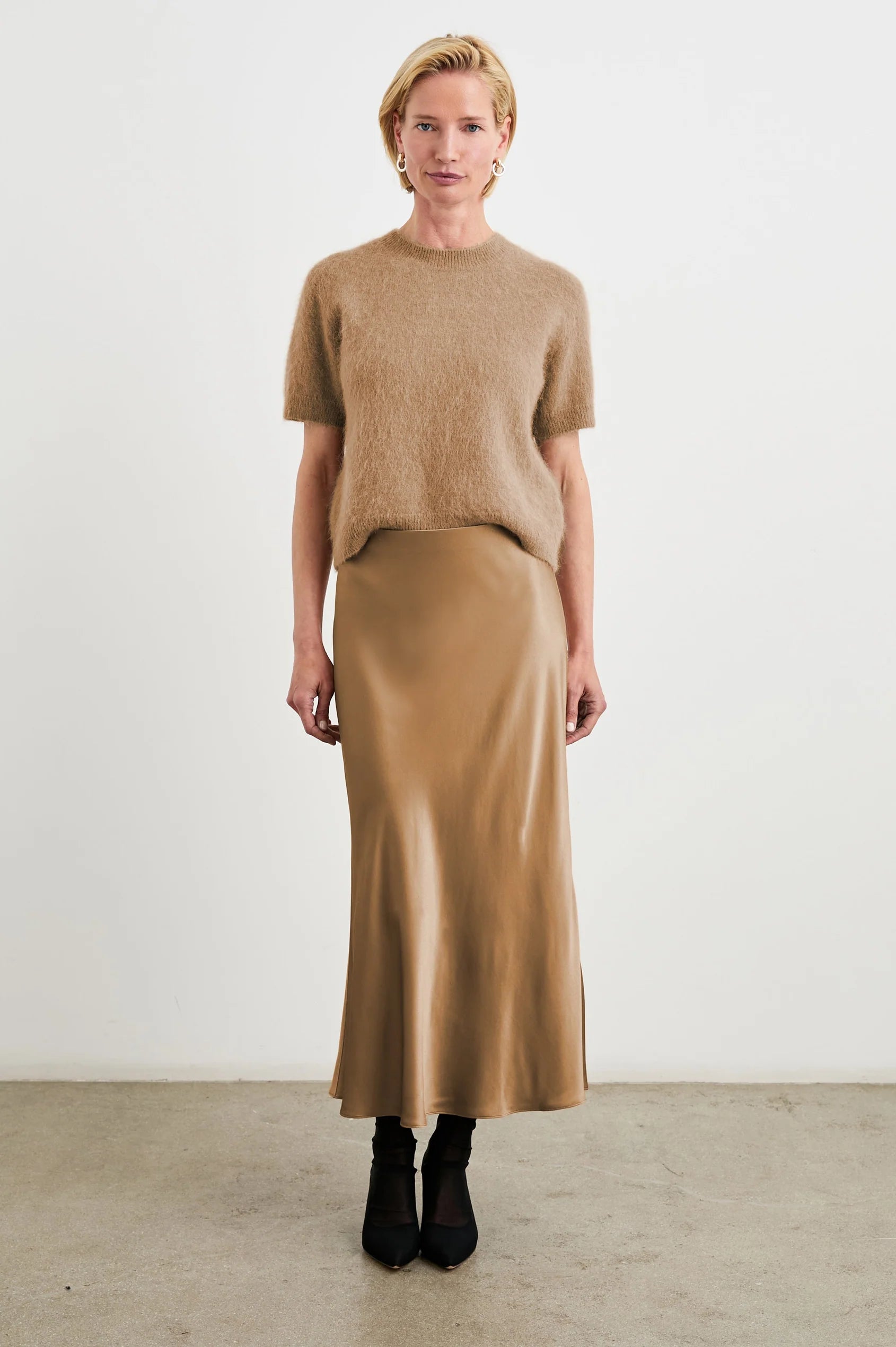 camel satin long slip skirt with elasticated waist model shot