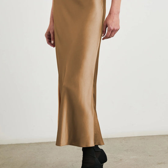 camel satin long slip skirt with elasticated waist side view