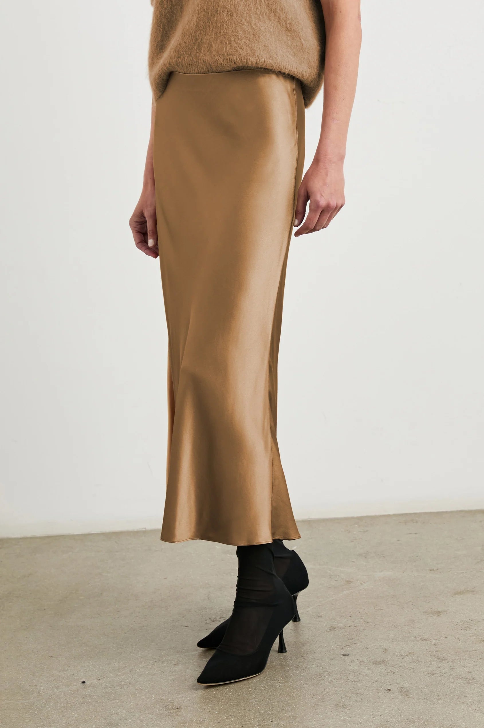 camel satin long slip skirt with elasticated waist side view