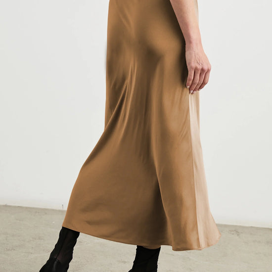 camel satin long slip skirt with elasticated waist rear view 