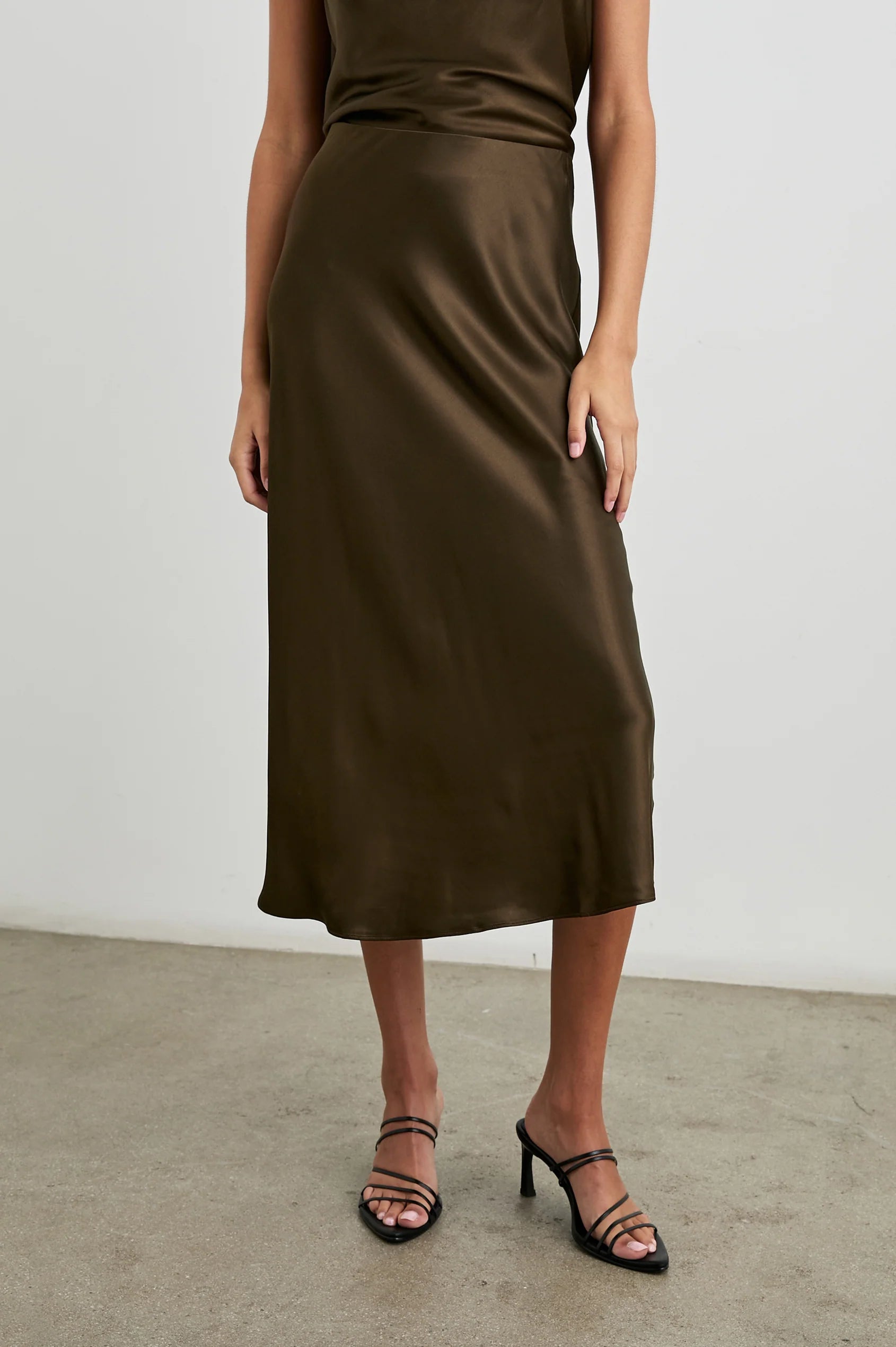 Dark brown bias cut slip skirt with elasticated waist