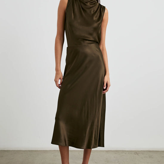 Dark brown bias cut slip skirt with elasticated waist