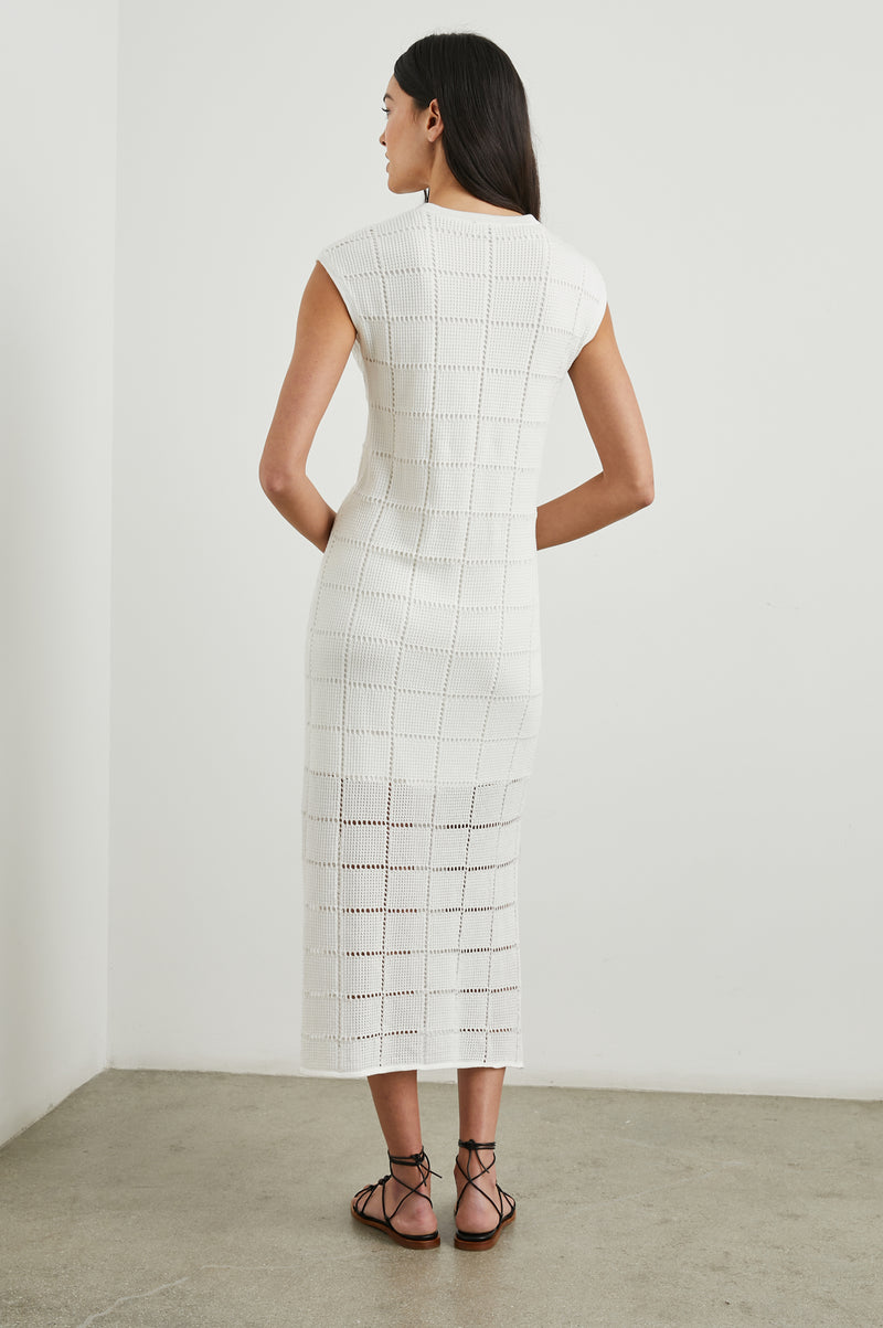 Sleeveless crochet dress with grid detailing and a notch neck rear view