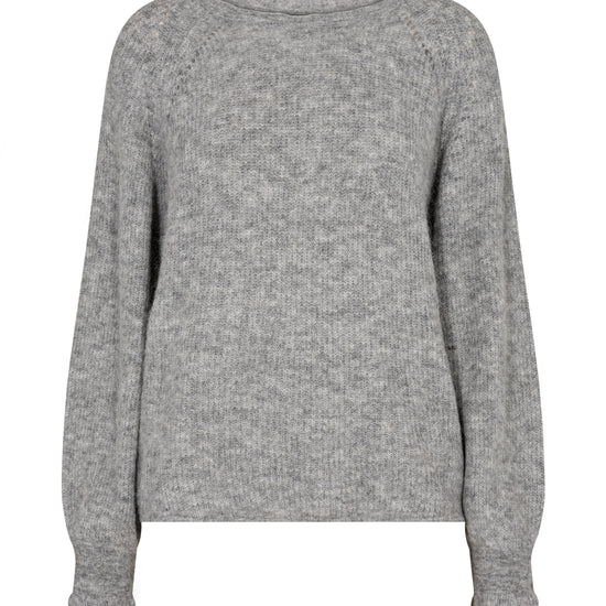 grey boat neck jumper with raglan sleeves and open stitch detailing at the rear 