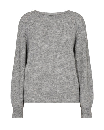 grey boat neck jumper with raglan sleeves and open stitch detailing at the rear 