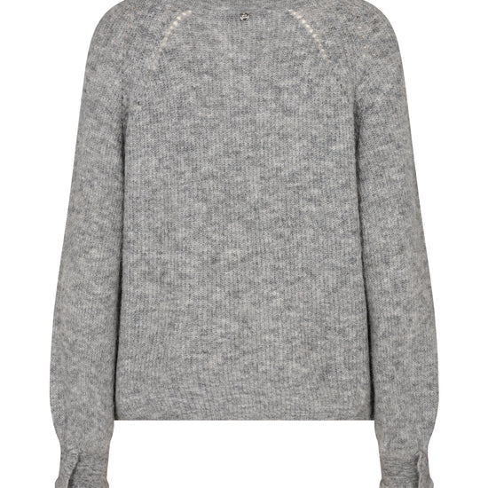 grey boat neck jumper with raglan sleeves and open stitch detailing at the rear  rear view 