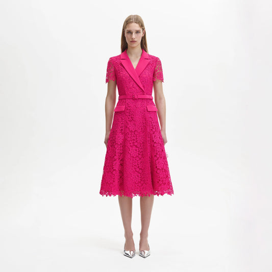 Hot pink lace wrap dress with short sleeves and a waist belt