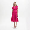 Hot pink lace wrap dress with short sleeves and a waist belt