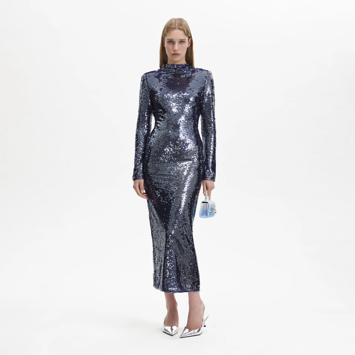 Blue sequin midi dress with long sleeves and high cowl neck