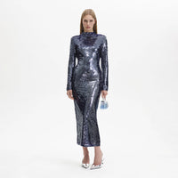 Blue sequin midi dress with long sleeves and high cowl neck