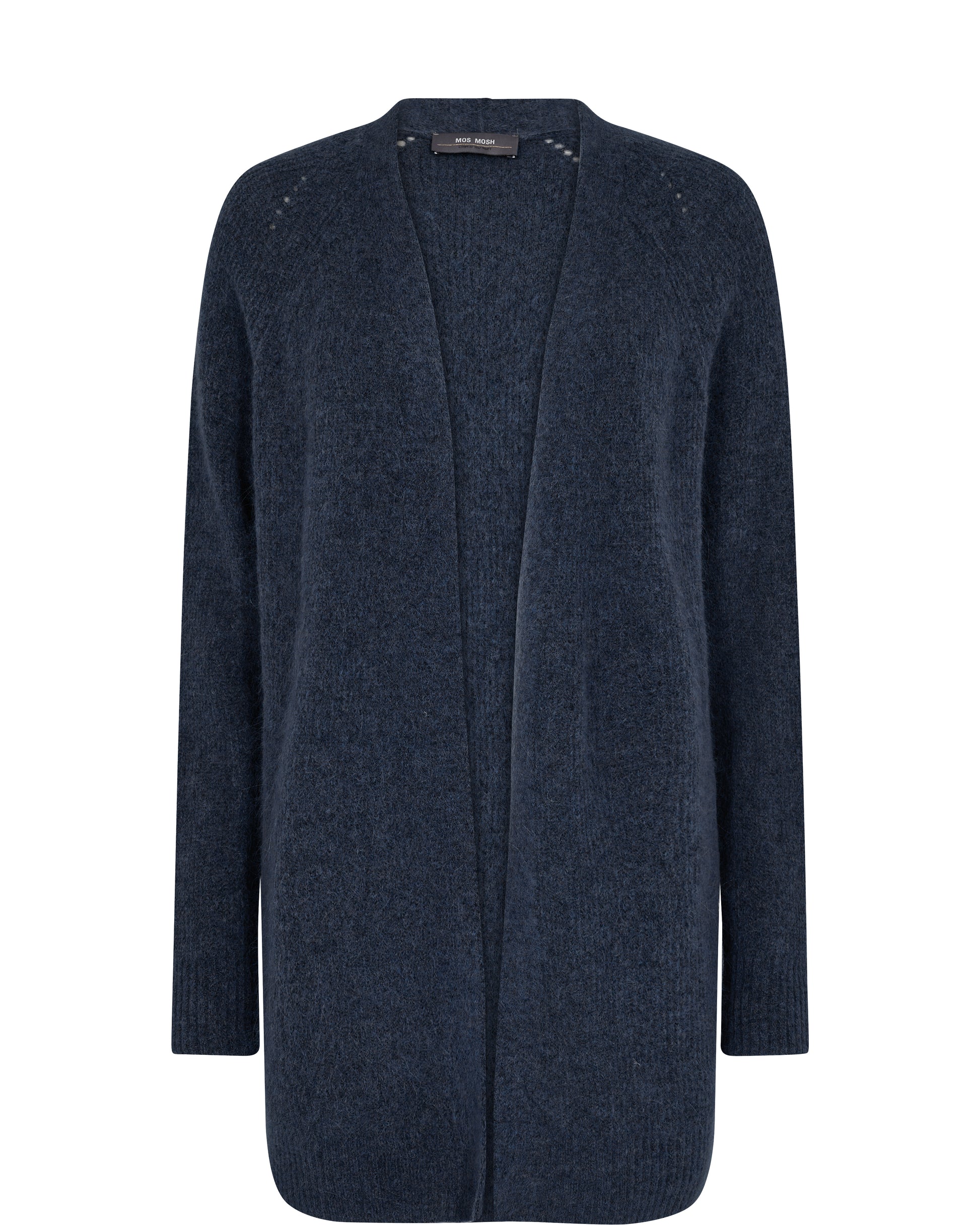 Long line collarless cardigan in navy with raglan sleeves