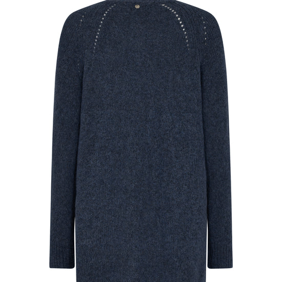 Long line collarless cardigan in navy with raglan sleeves