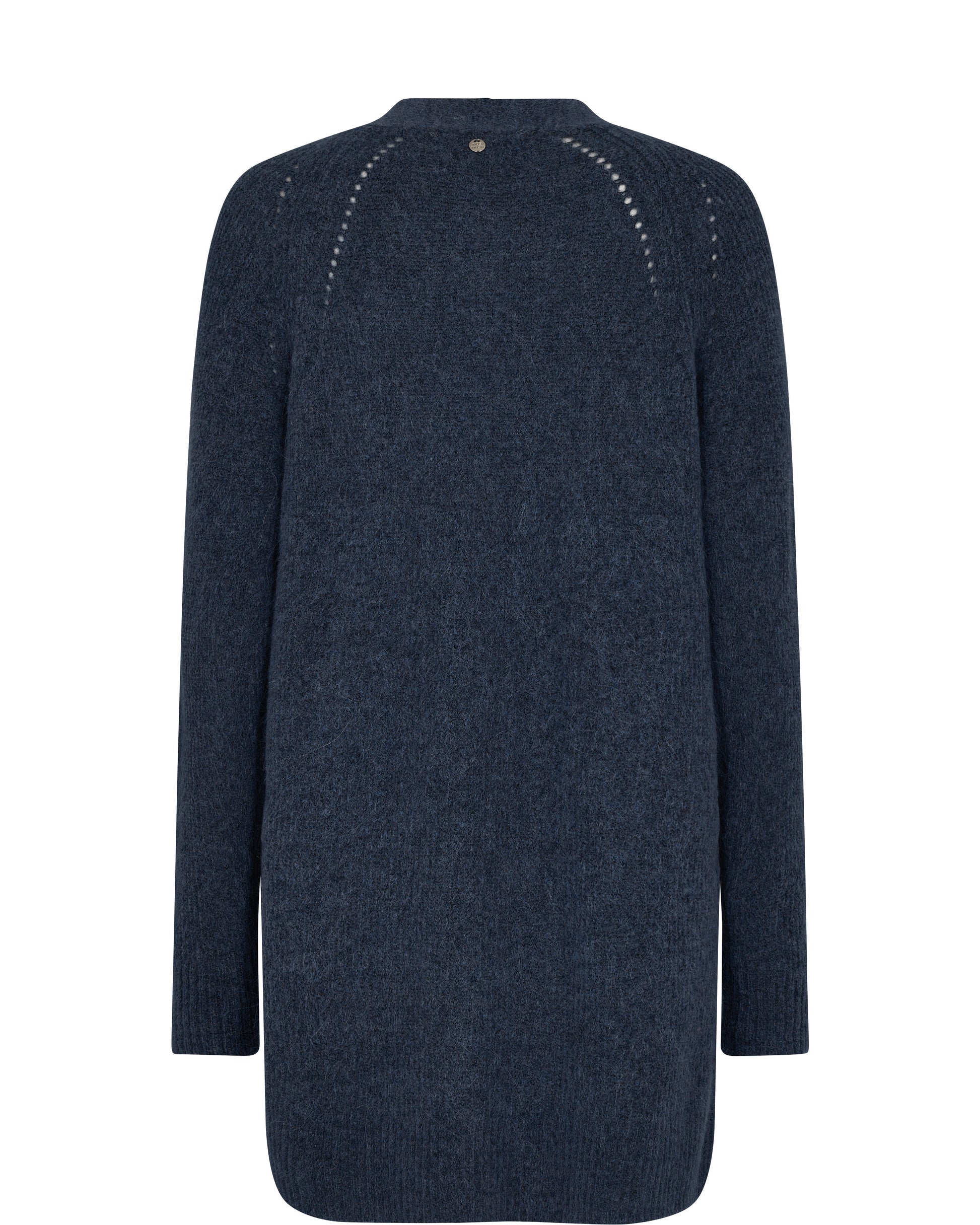 Long line collarless cardigan in navy with raglan sleeves