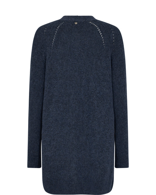 Long line collarless cardigan in navy with raglan sleeves