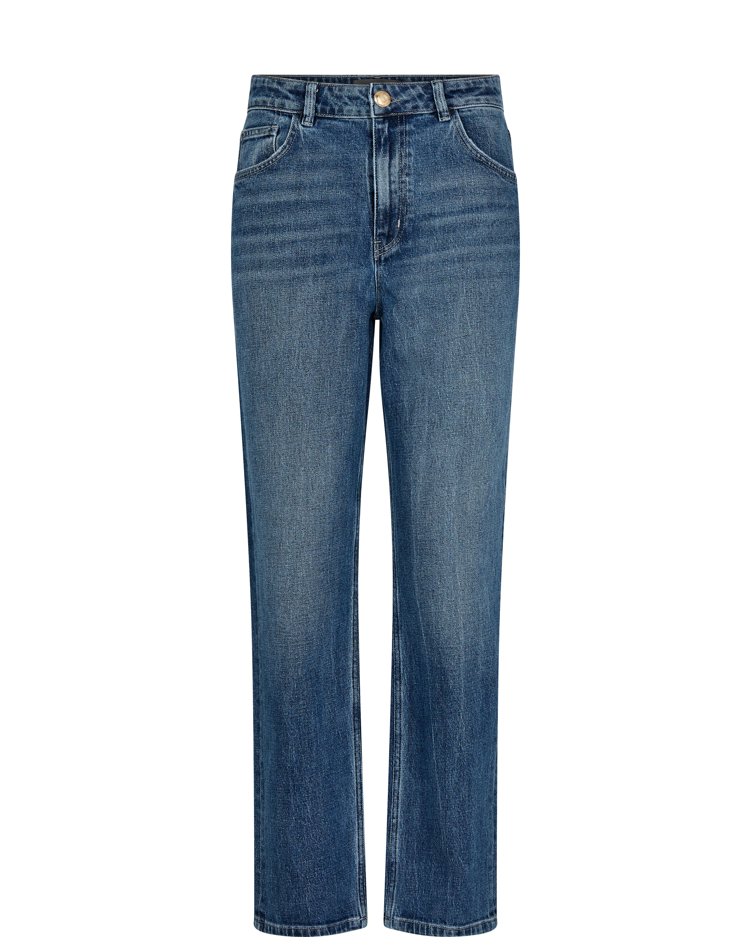 Blue vintage wash straight leg jeans with zip and button fly