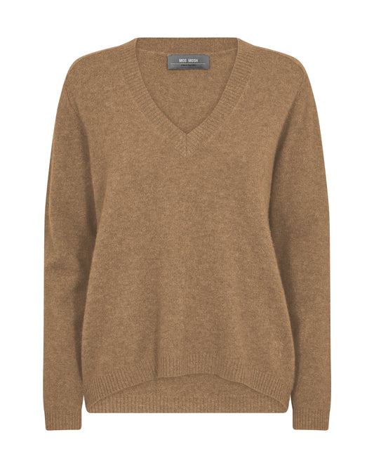 Cashmere V neck knit in dark camel