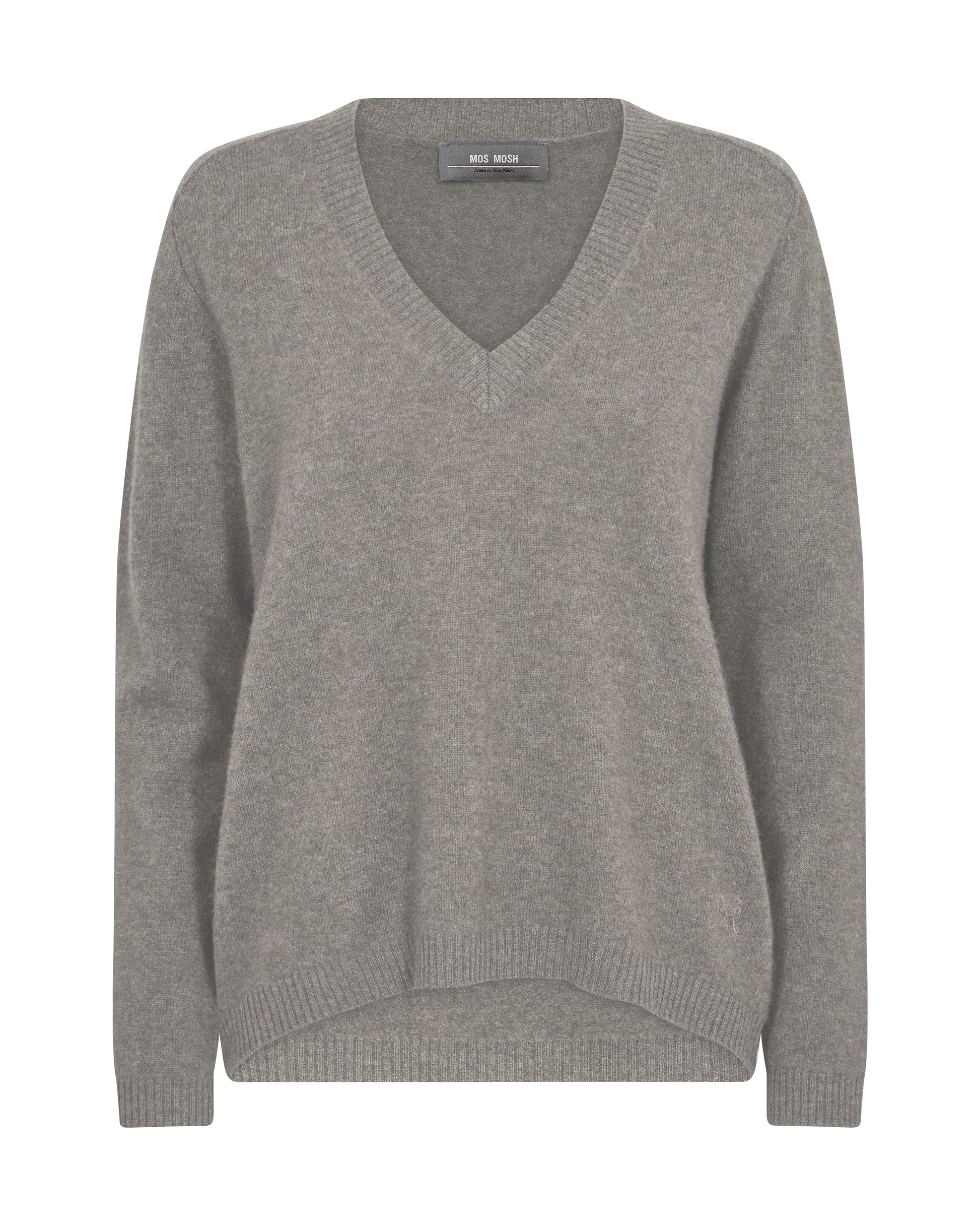 Grey V neck cashmere jumper with a drop shoulder