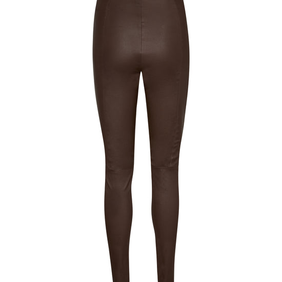 rear view of chocolate brown leather leggings