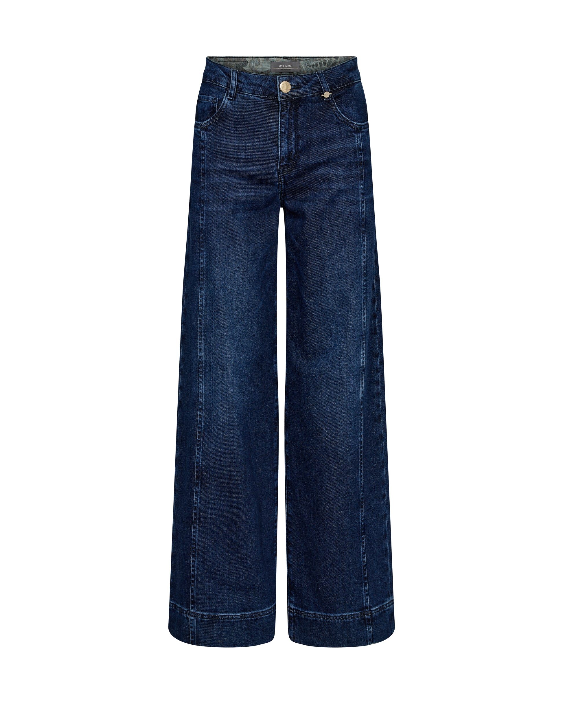 Wide leg dark wash jean with front seam detail