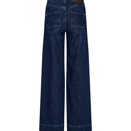 Rear view of wide leg jean with front seam