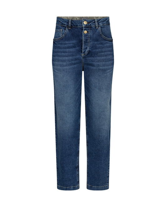 mom fit blue wash jeans with gold toned button detail