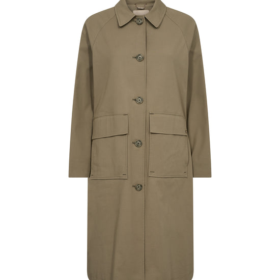 Collared trench style coat with a padded back panel