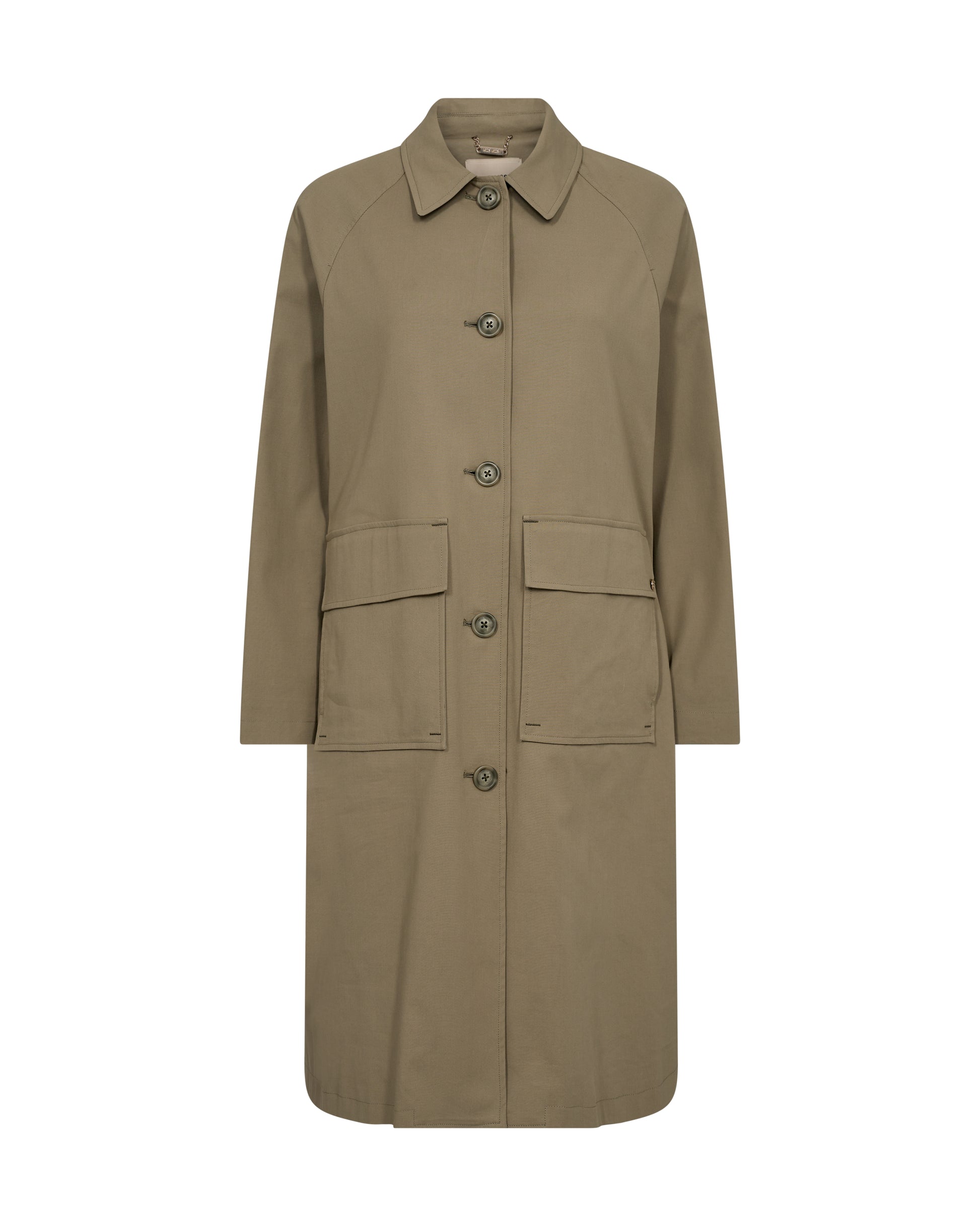 Collared trench style coat with a padded back panel