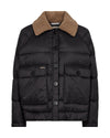 black quilt down jacket with shearling collar and 2 front pockets 