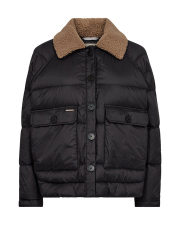 black quilt down jacket with shearling collar and 2 front pockets 