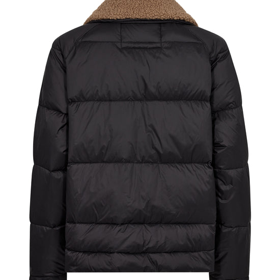 black quilt down jacket with shearling collar and 2 front pockets  rear view 