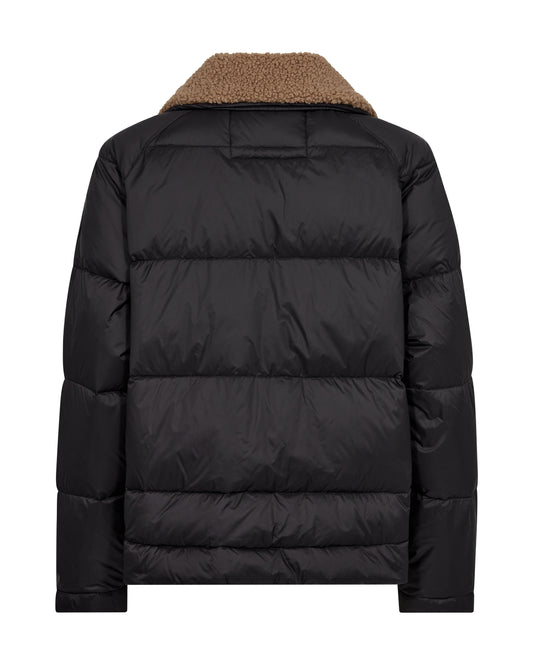 black quilt down jacket with shearling collar and 2 front pockets  rear view 