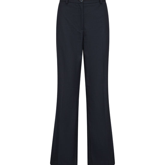 straight leg navy trousers with belt loops and button