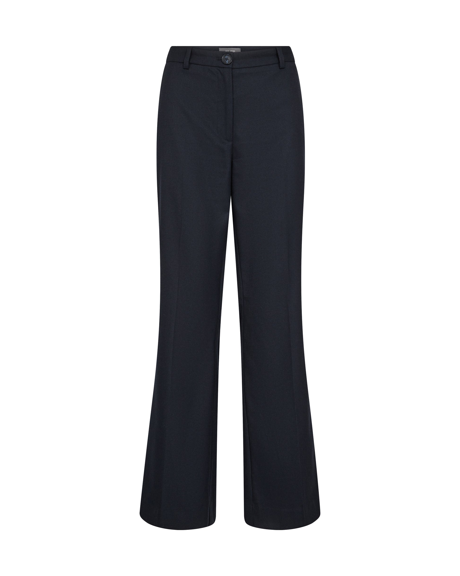 straight leg navy trousers with belt loops and button