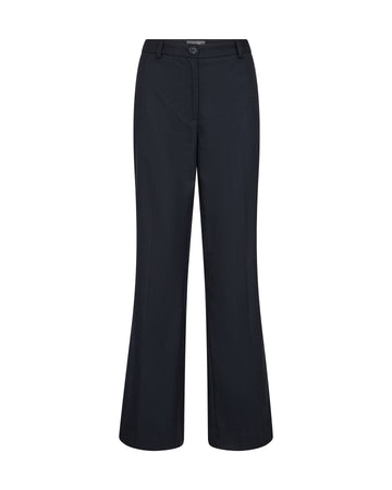 straight leg navy trousers with belt loops and button