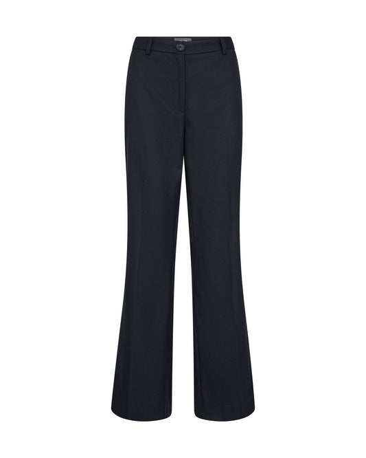 straight leg navy trousers with belt loops and button