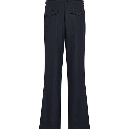 straight leg navy trousers with belt loops and button rear view 