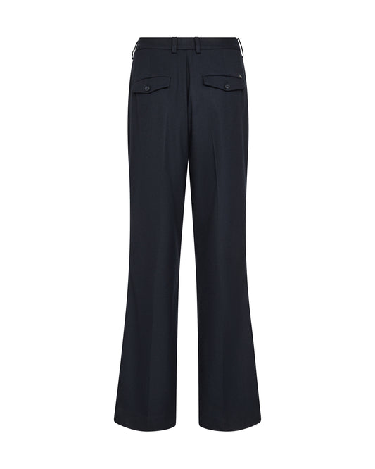 straight leg navy trousers with belt loops and button rear view 